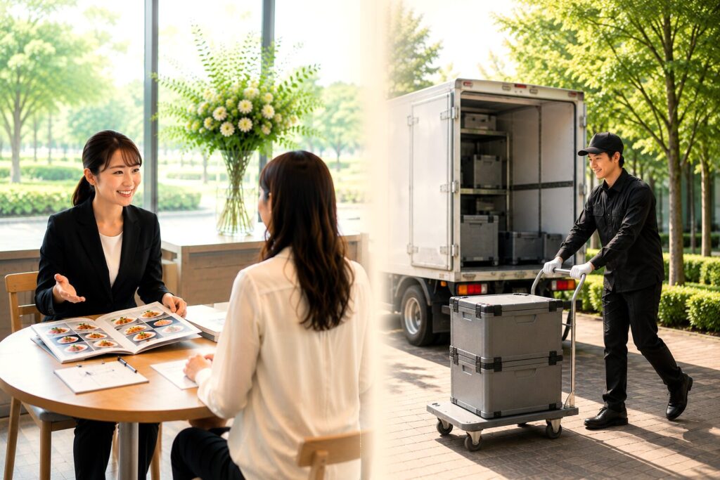 ケータリングの打ち合わせと料理を会場へ届ける配送スタッフのイメージ