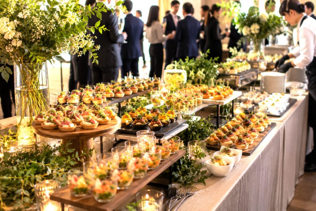 華やかに盛り付けた料理が並ぶケータリングのビュッフェ会場