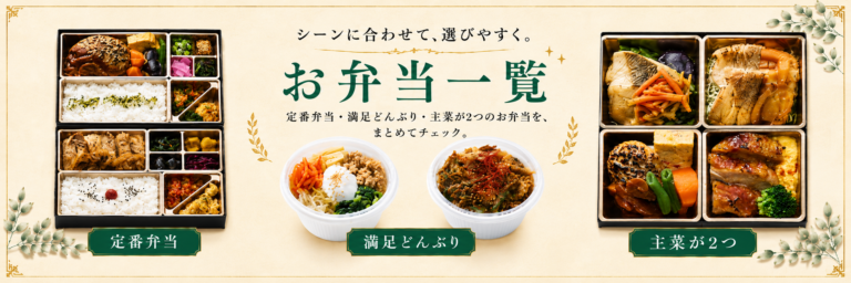 お弁当一覧ページへのリンクバナー。定番弁当・満足どんぶり・主菜が2つのお弁当を紹介したPC用バナー。