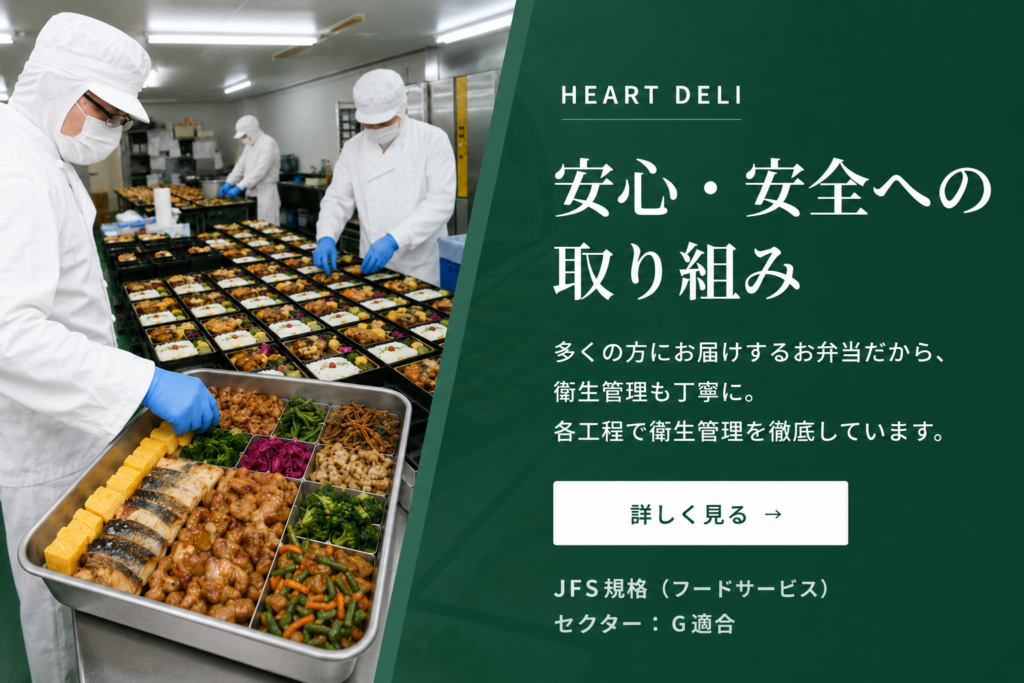 ハートデリのお弁当向け安心・安全への取り組みページへ案内するスマホ版リンクバナー