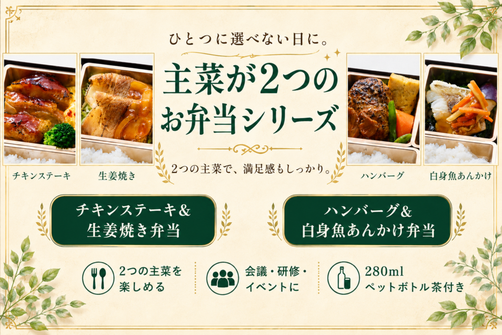 主菜が2つのお弁当シリーズを紹介するスマホ版リンクバナー。チキンステーキ＆生姜焼き弁当と、ハンバーグ＆白身魚あんかけ弁当を掲載