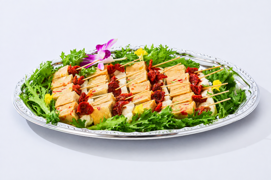 フィンガーフードプランに含まれるチキンパテとドライトマトのピンチョス。チキンパテとドライトマトを串に刺して盛り付けたフィンガーフード