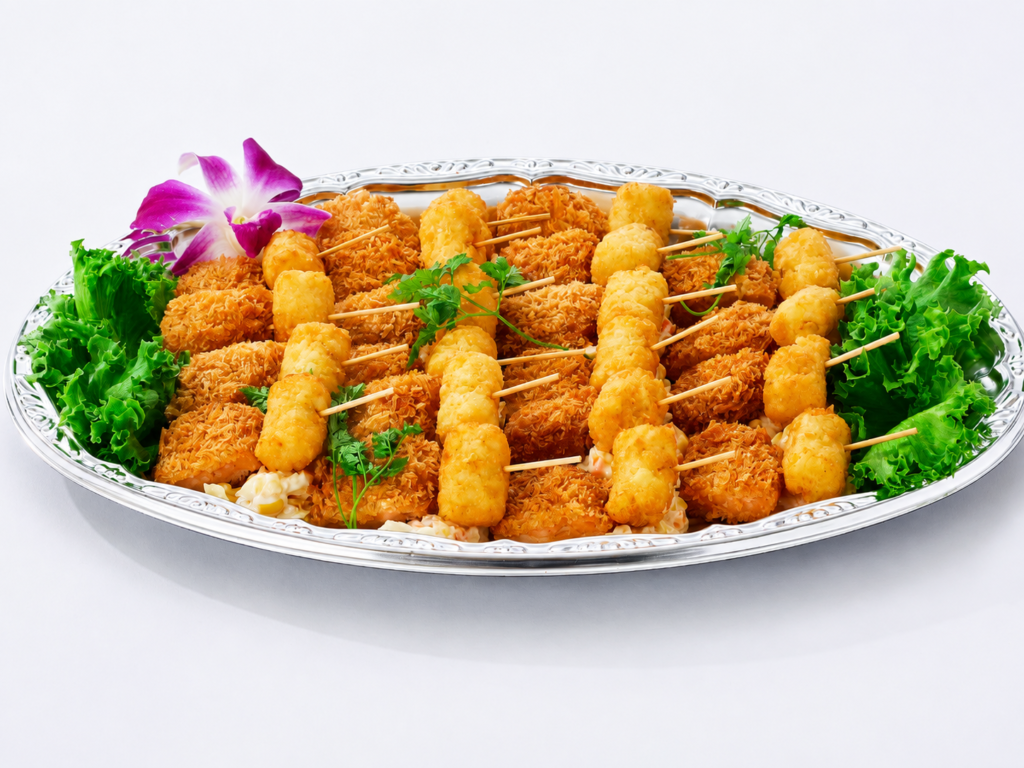フィンガーフードプランに含まれる海老カツ＆ハッシュポテトのピンチョスの盛り付け画像