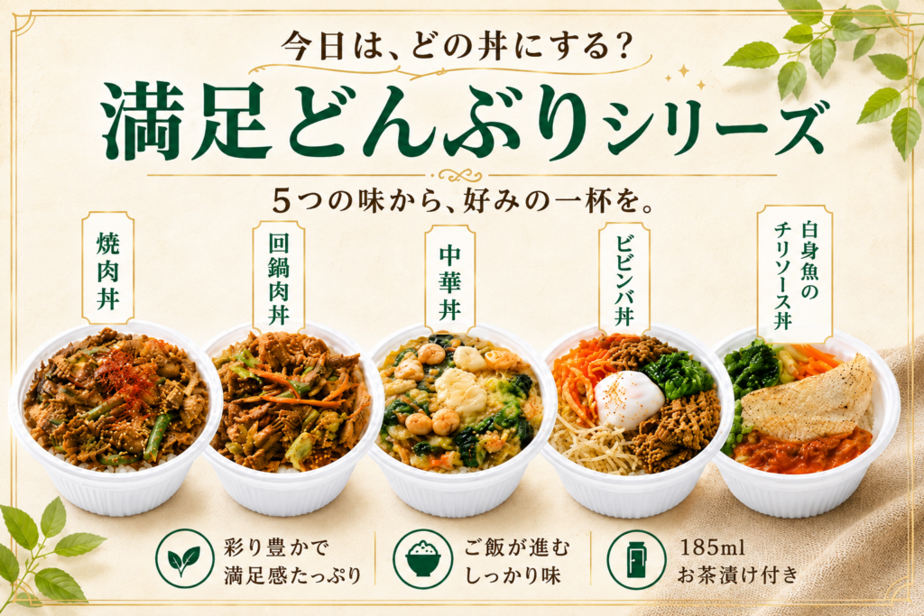 満足どんぶりシリーズ一覧へ誘導するスマホ版リンクバナー。焼肉丼、回鍋肉丼、中華丼、ビビンバ丼、白身魚のチリソース丼の5種類を掲載