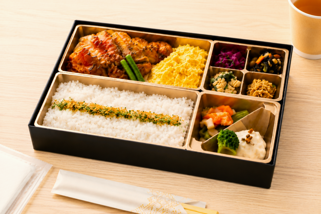 宅配弁当サービスのお弁当をテーブルに置いた利用イメージ