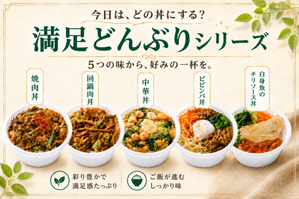 満足どんぶりシリーズ一覧へ誘導するスマホ版リンクバナー。焼肉丼、回鍋肉丼、中華丼、ビビンバ丼、白身魚のチリソース丼の5種類を掲載