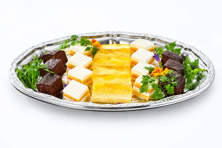 オードブルプランに含まれるケーキアソート。チョコレートケーキや白いケーキ、黄色いケーキを盛り合わせたデザートプレート