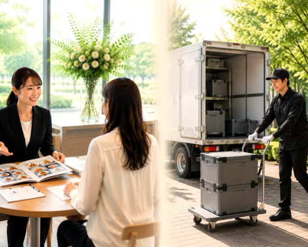 ケータリングの打ち合わせと料理を会場へ届ける配送スタッフのイメージ