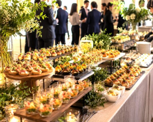華やかに盛り付けた料理が並ぶケータリングのビュッフェ会場